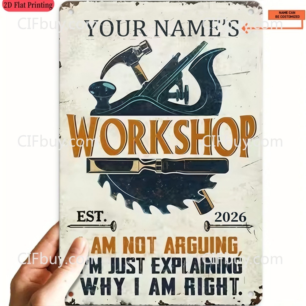 Workshop Tools With Name - Insegna in Metallo Vintage 2D Personalizzata